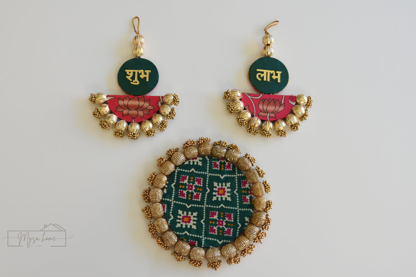 Rangoli: Reversible Mat with optional Shubh Laabh Hanging Green-Pink