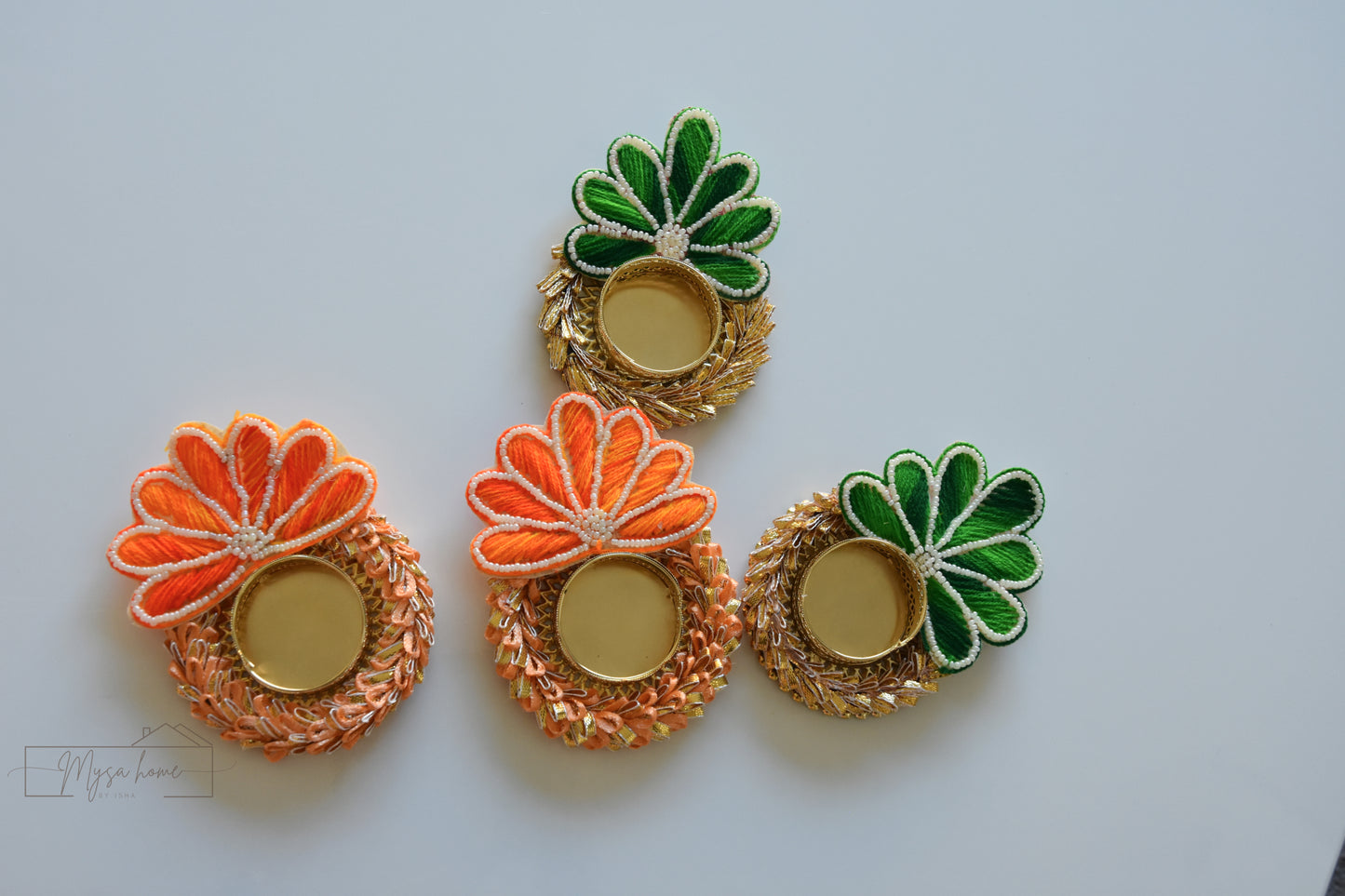 Tea Light - Flower Embroidery Orange/ Green