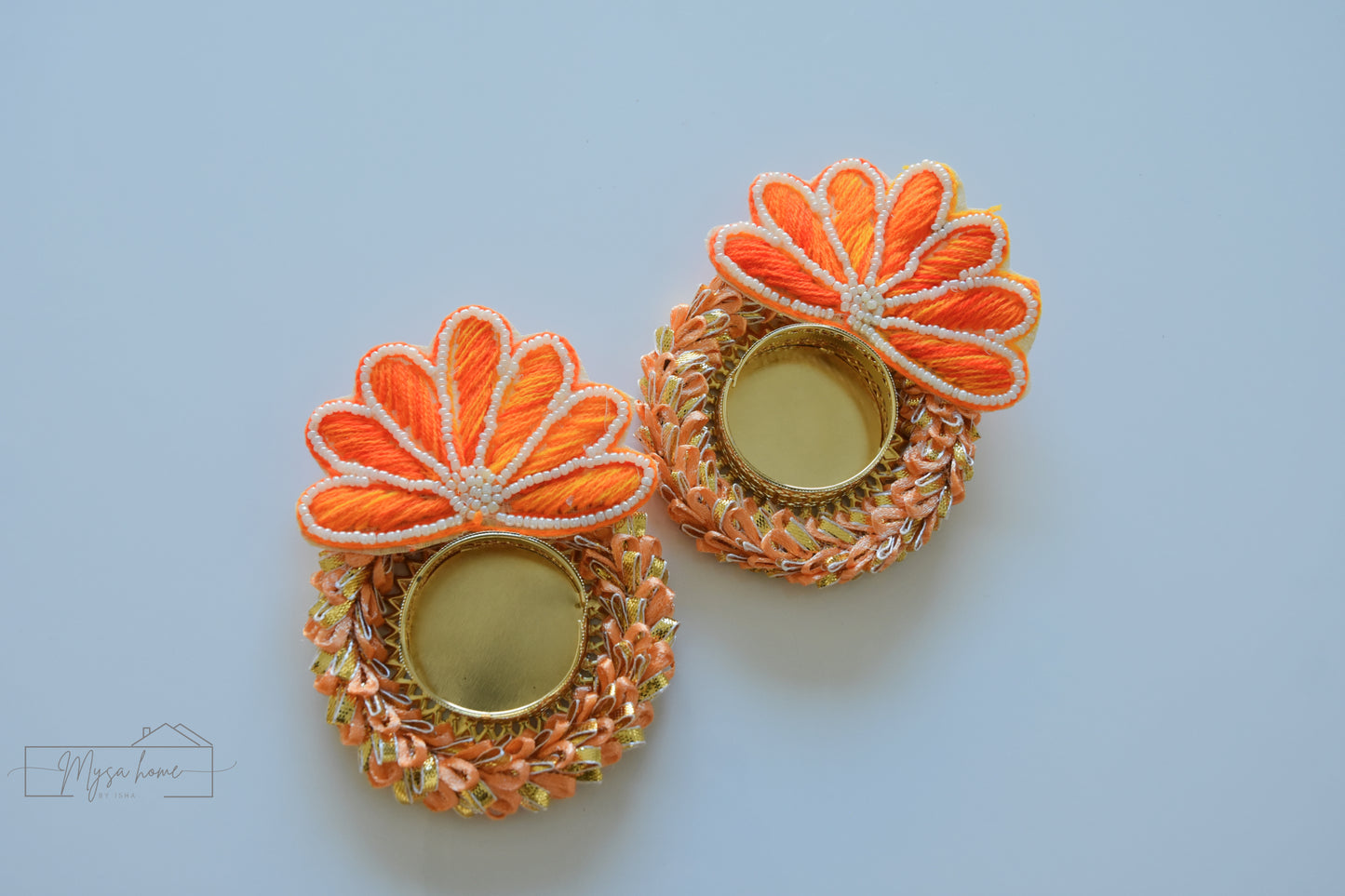 Tea Light - Flower Embroidery Orange/ Green