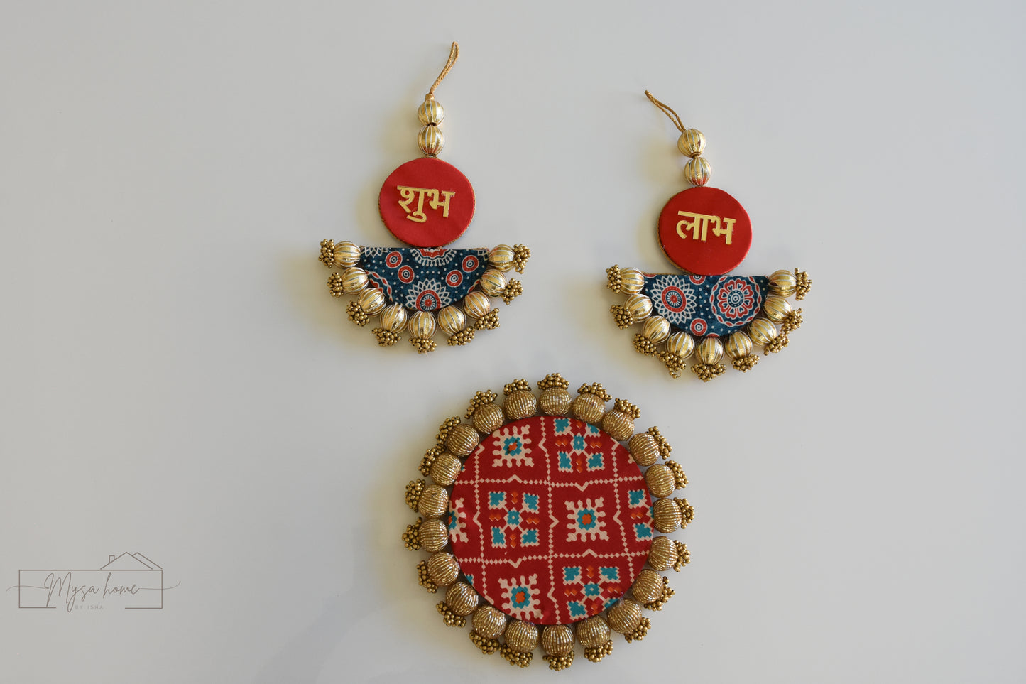 Rangoli: Reversible Mat with optional Shubh Laabh Hanging Red-Blue
