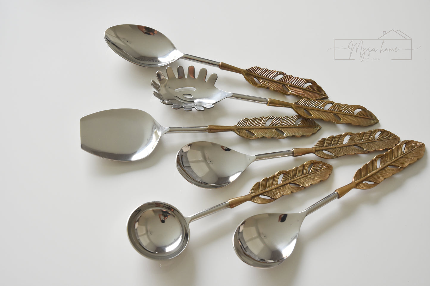 Serving Set - Gold Feather - Stainless Steel & Brass Serving Spoons