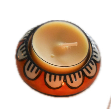 Blue Pottery Round Tea light - Orange Petal
