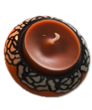 Blue Pottery Round Tea light Orange Flower