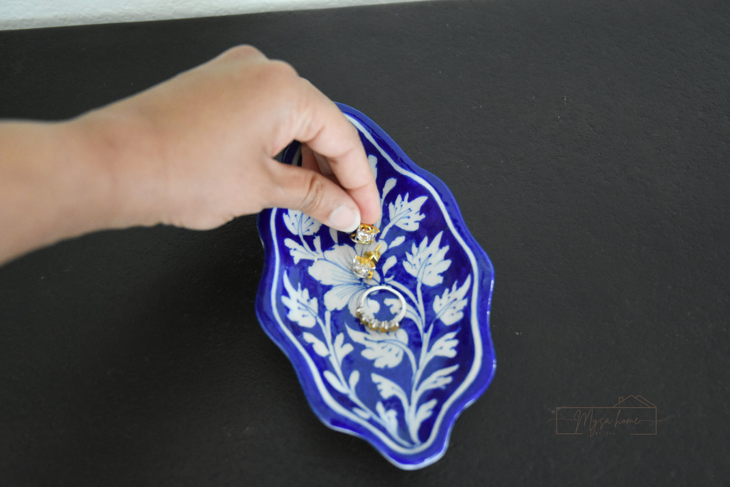 Blue Pottery Tray - Leaf Trinket - Blue