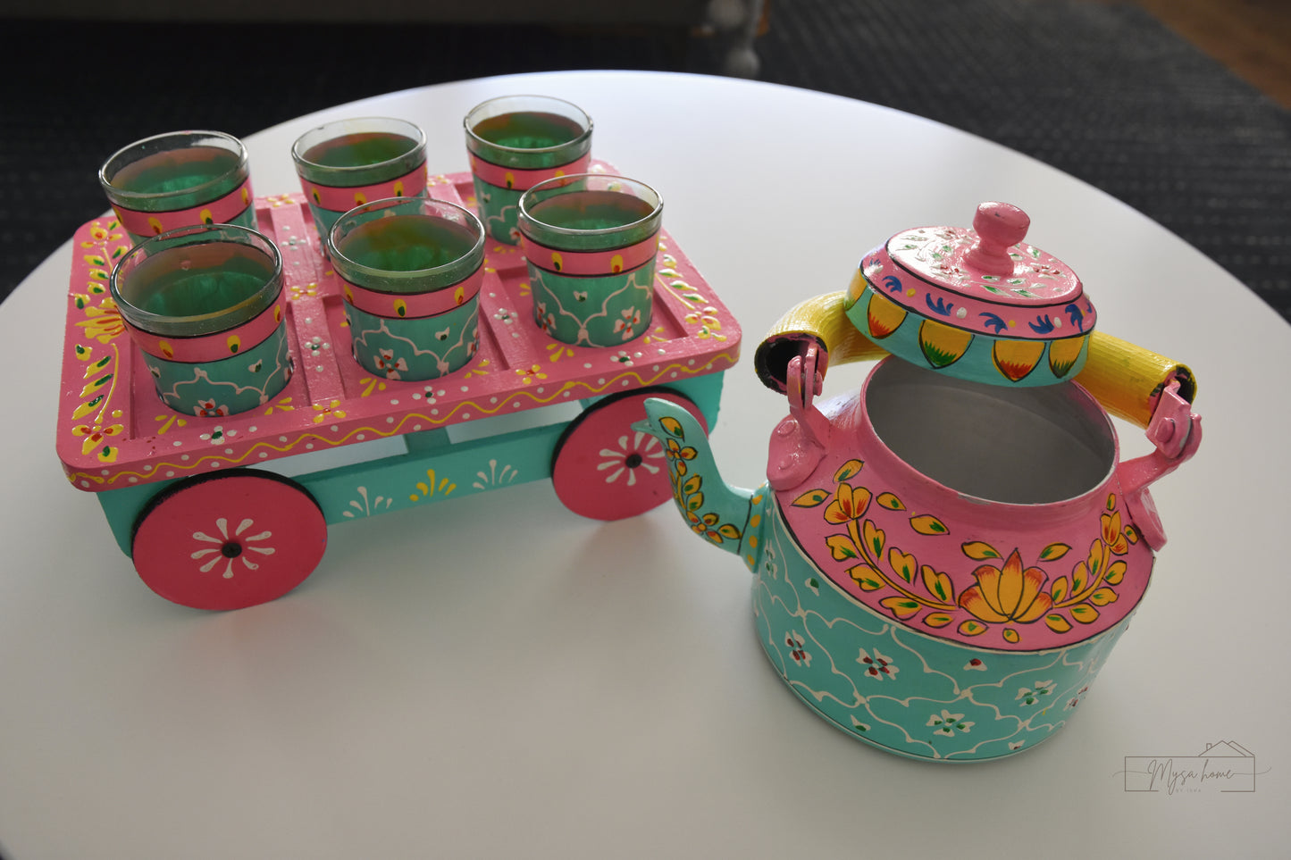 Cart with Glasses- Pink Patola Hand Painted