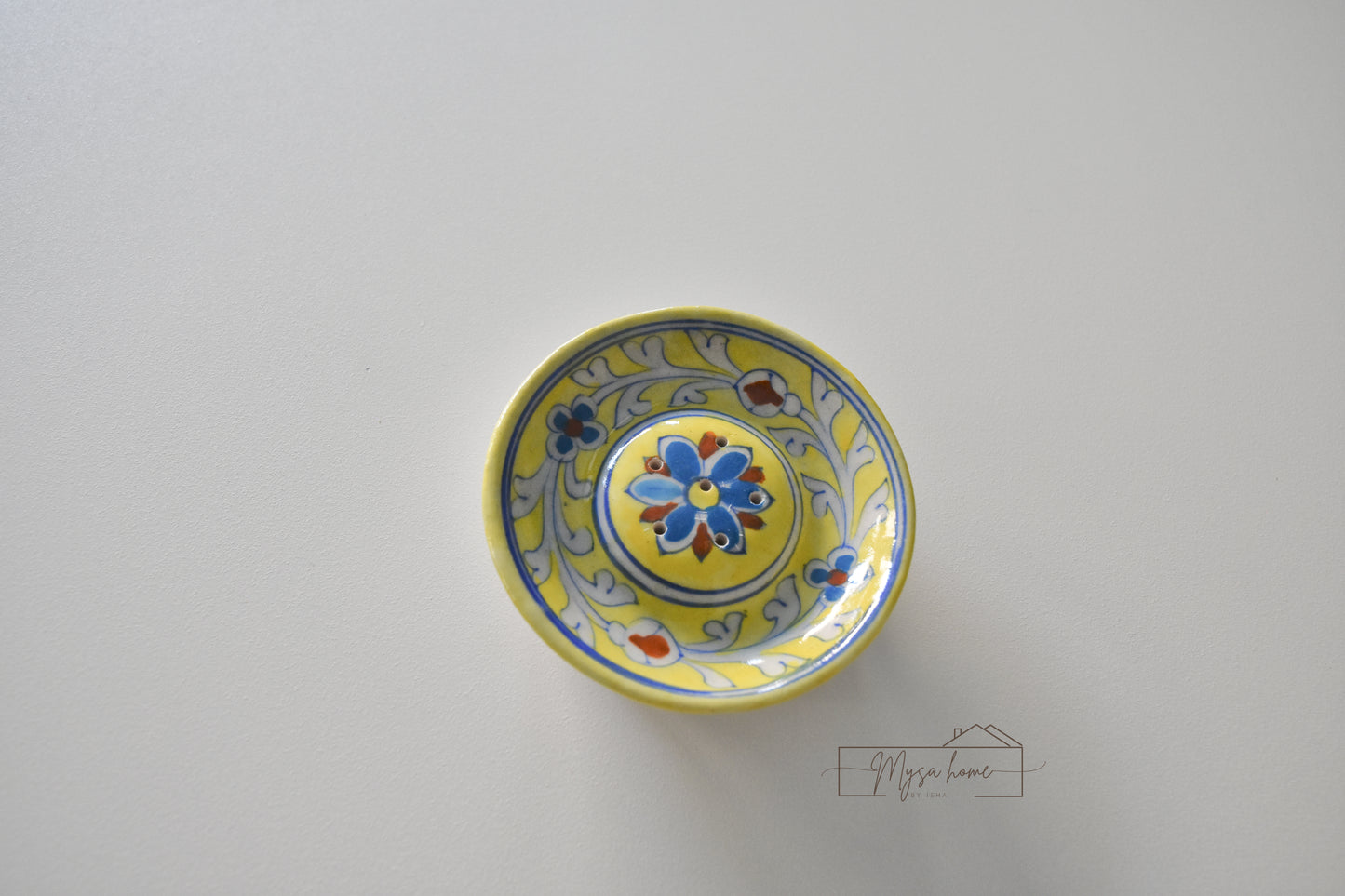 Blue Pottery Incense Holder Round -Yellow
