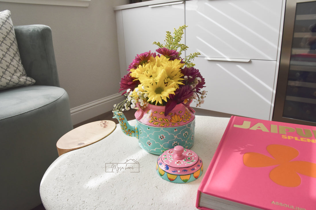 Hand-Painted Kettle with Glasses & Cart Set | Indian Serveware Decor | Mysa Home