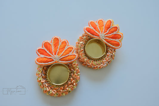 Tea Light - Flower Embroidery Orange/ Green