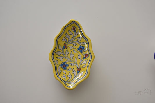 Blue Pottery Tray - Leaf Trinket -yellow