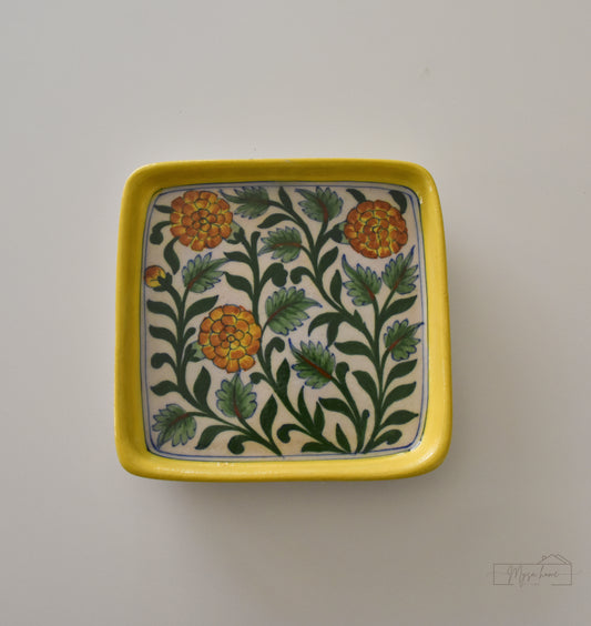 Blue Pottery Tray Square 8" - Yellow Blooms