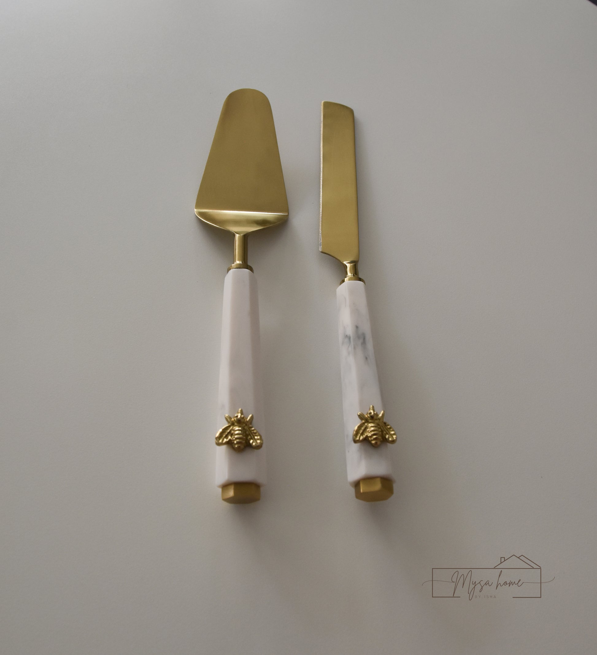 Bee Cake Set - Stainless steel and brass bee detail serving set