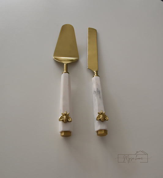 Bee Cake Set - Stainless steel and brass bee detail serving set