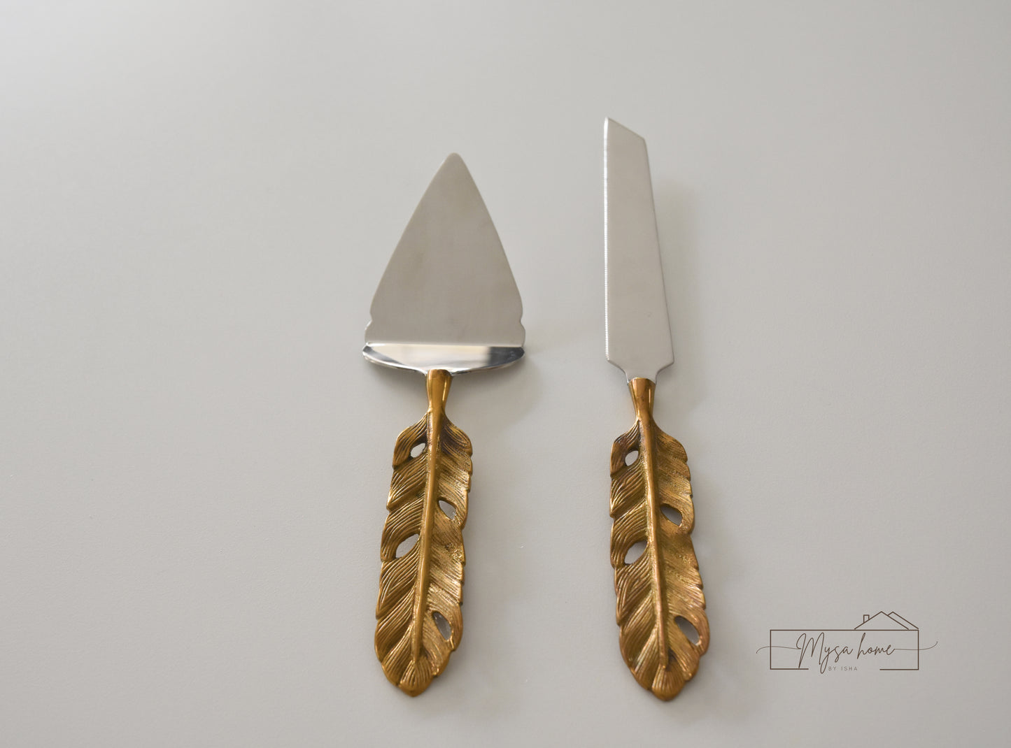 Cake Cutting Set - Gold Feather (Stainless Steel and Brass)