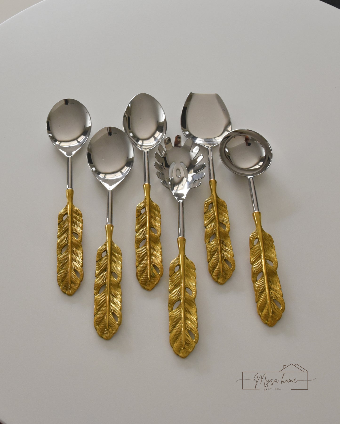 Serving Set - Gold Feather - Stainless Steel & Brass Serving Spoons