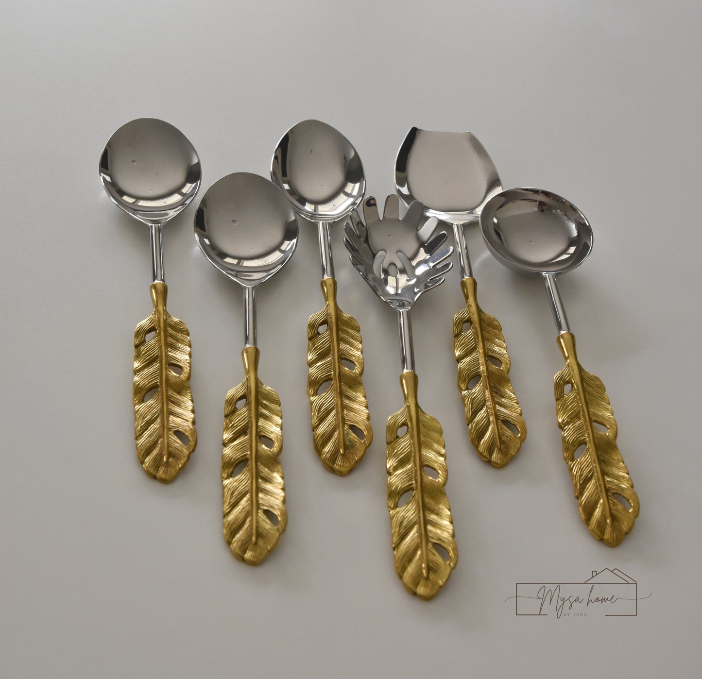 Serving Set - Gold Feather - Stainless Steel & Brass Serving Spoons