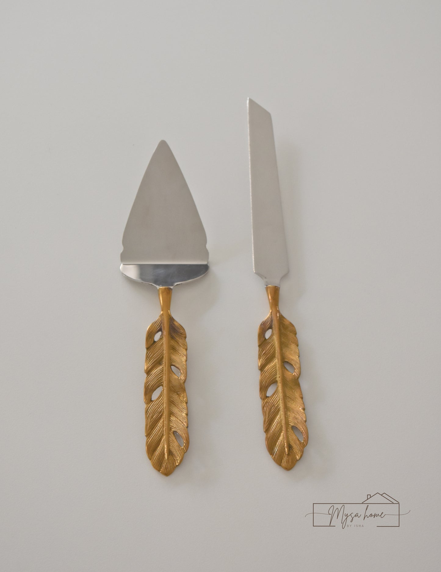 Gold Feather Cake Set - Stainless steel and brass Feather detail serving set