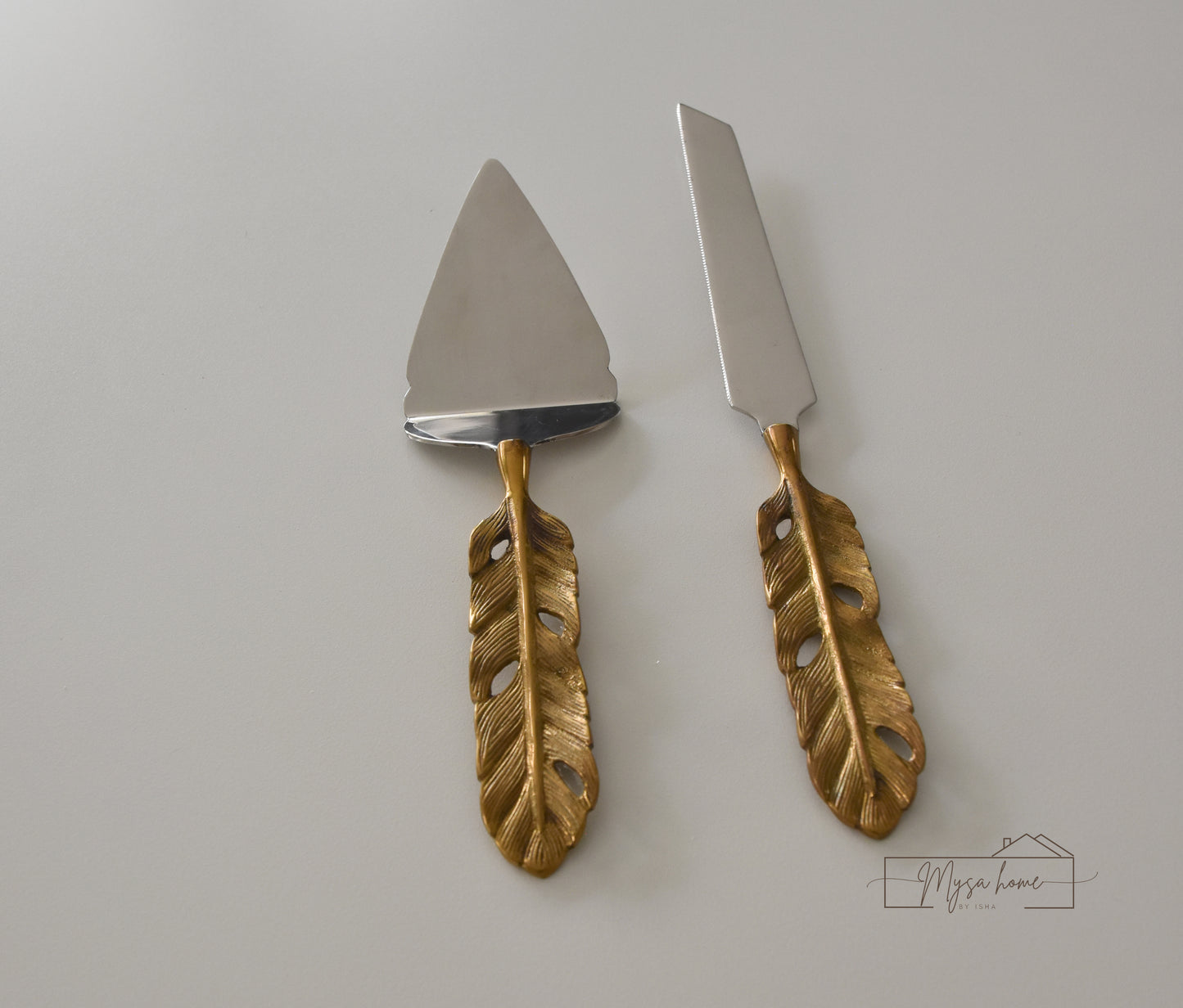 Gold Feather Cake Set - Stainless steel and brass serving set