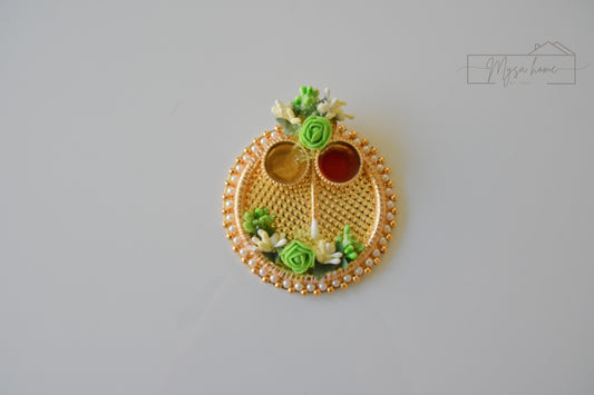 Haldi KumKum Platter - Green Flower With Stick