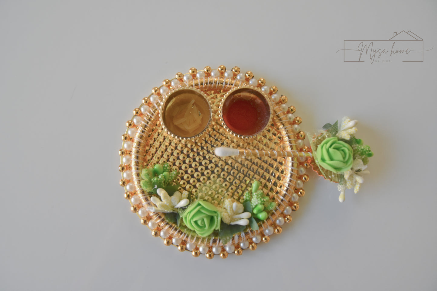 Haldi KumKum Platter - Green Flower With Stick