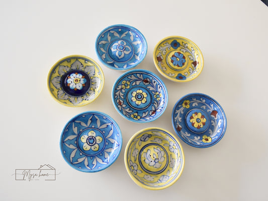 Blue Pottery Incense/ Agarbatti Holder Round - Yellow