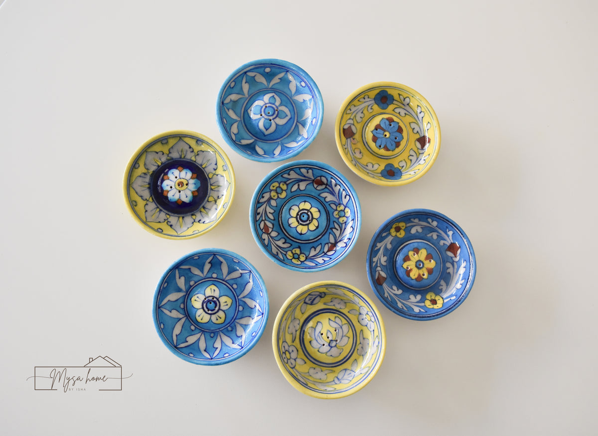 Blue Pottery Incense/ Agarbatti Holder Round - Yellow