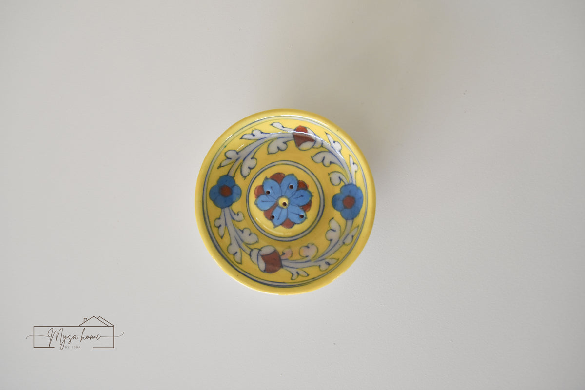 Blue Pottery Incense/ Agarbatti Holder Round - Yellow