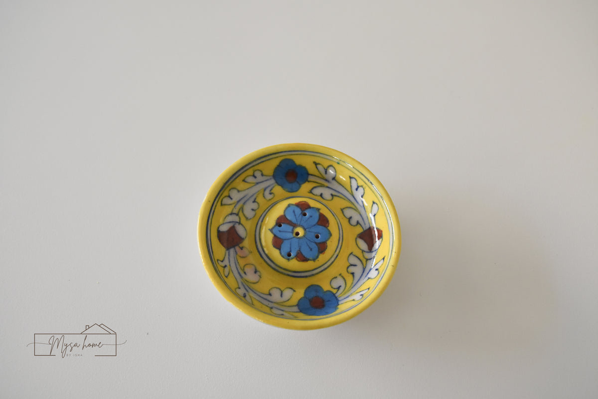 Blue Pottery Incense/ Agarbatti Holder Round - Yellow