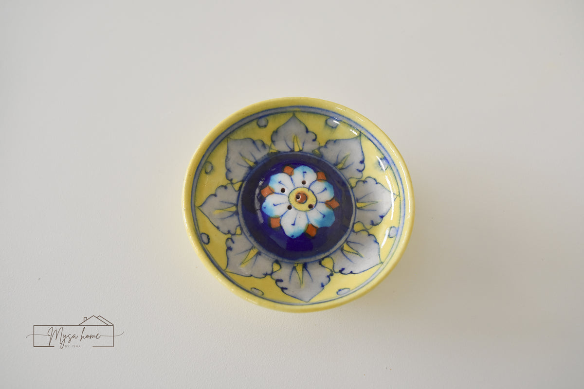 Blue Pottery Incense/ Agarbatti Holder Round - Yellow