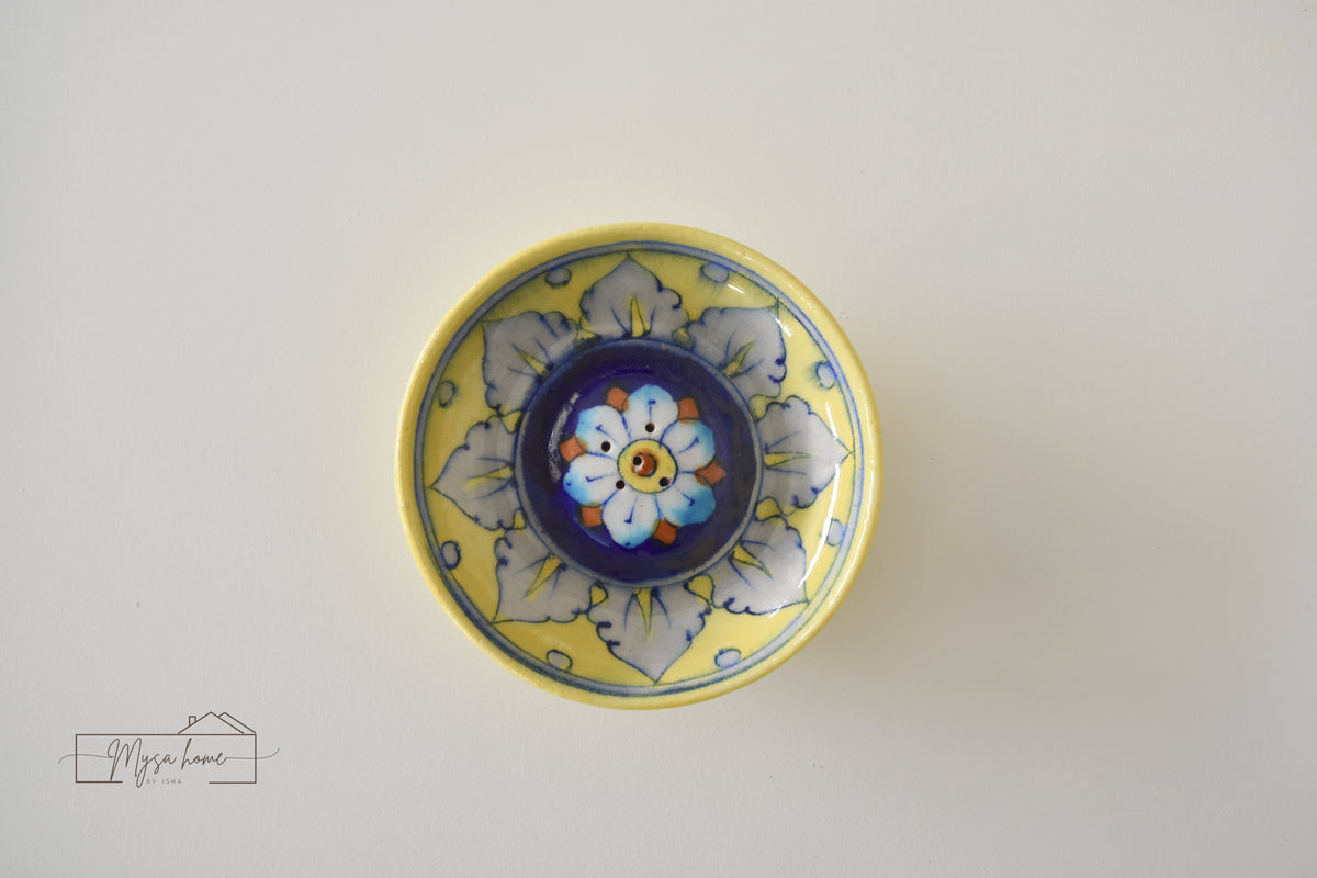 Blue Pottery Incense/ Agarbatti Holder Round - Yellow