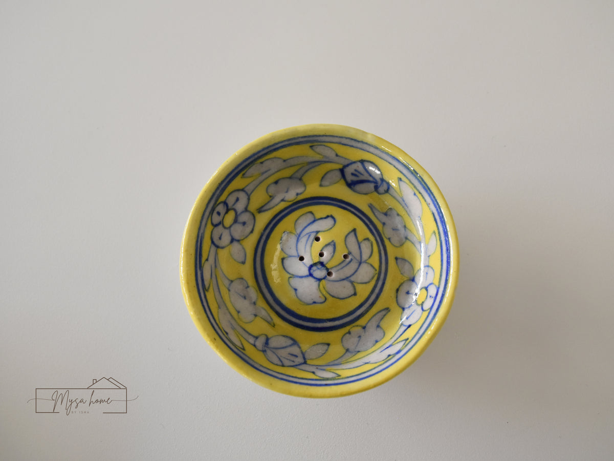 Blue Pottery Incense/ Agarbatti Holder Round - Yellow
