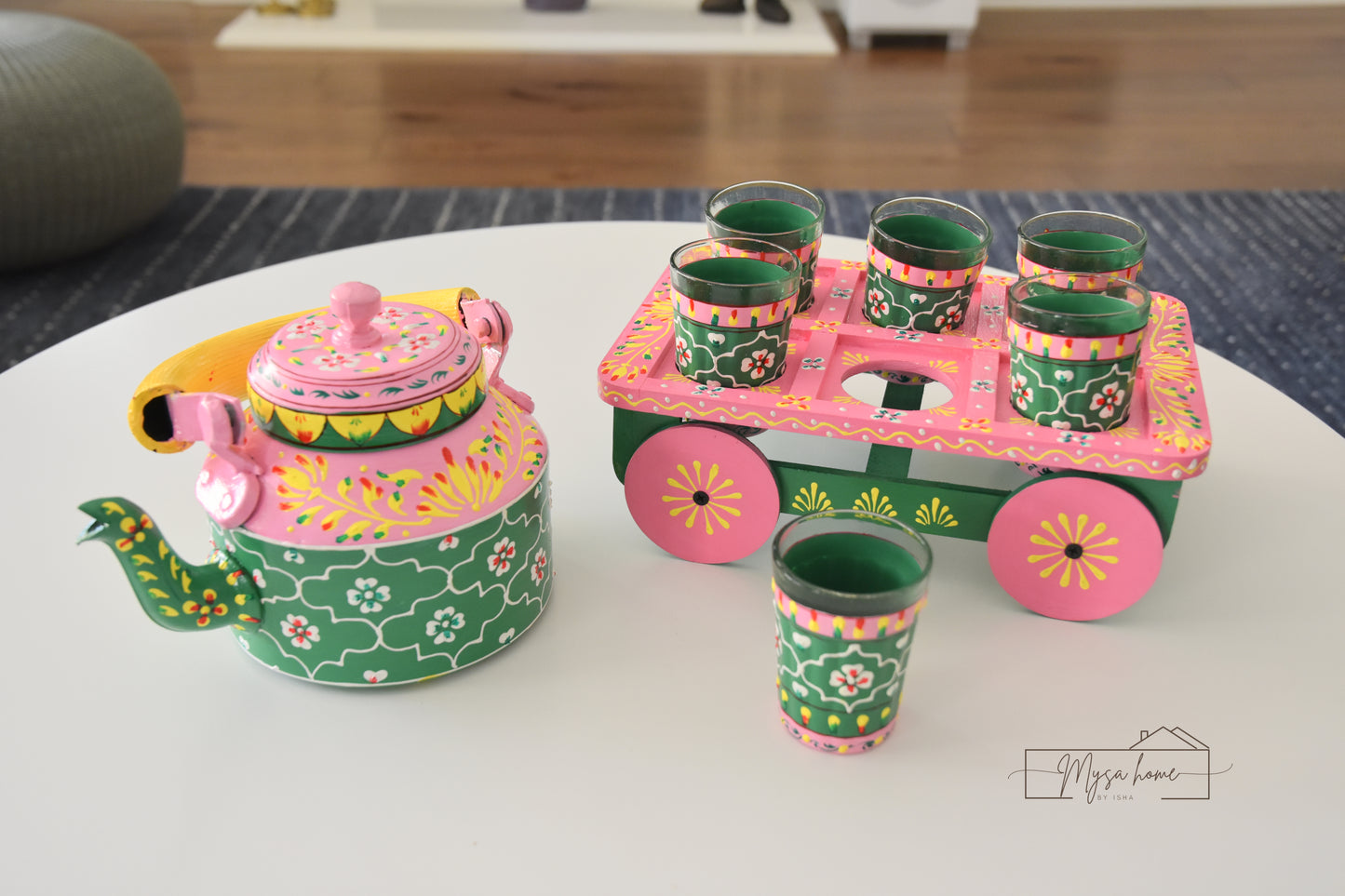 hand painted Kettle and glass set with cart