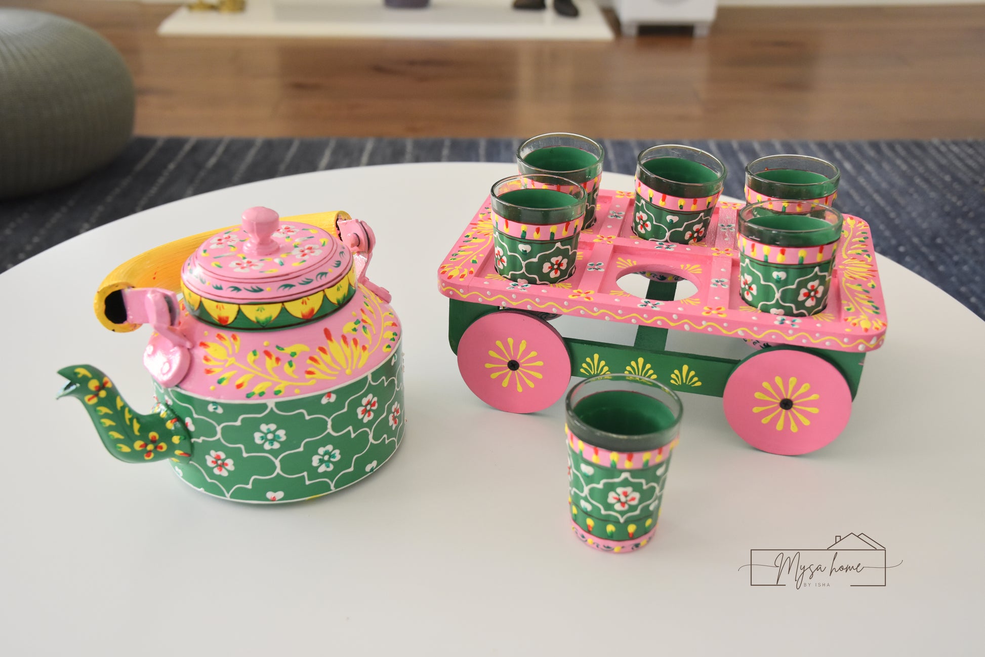 hand painted Kettle and glass set with cart