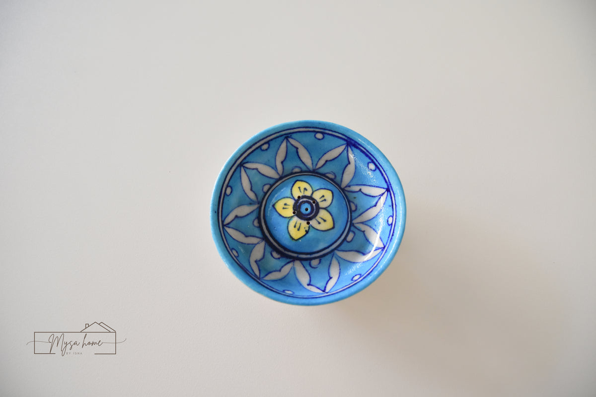 Blue Pottery Incense Holder Round - Blue and Yellow Flower