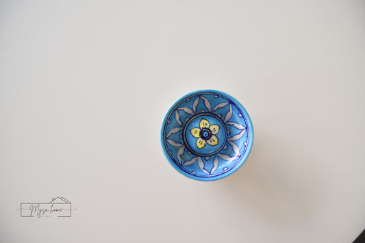 Blue Pottery Incense Holder Round - Blue and Yellow Flower