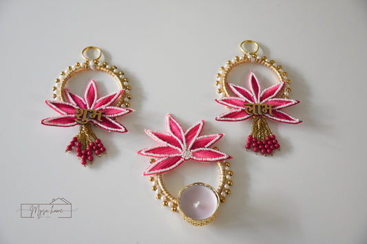 Shubh Laabh Hanging Pair with Matching Tea Light Holder – Decorative Festive Decor, Puja Room Decor, Housewarming Gift & Festive Gift