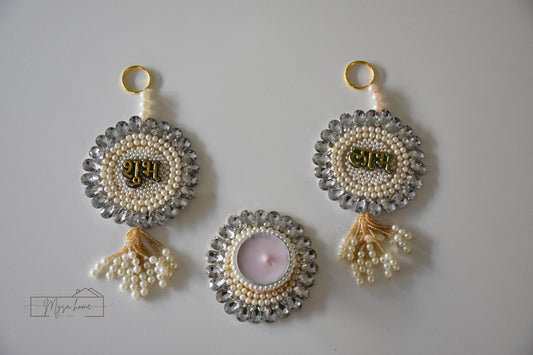 Shubh Laabh Hanging Pair with matching Tea Light Holder – Decorative Festive Decor, Puja Room Decor, Housewarming Gift & Festive Gift