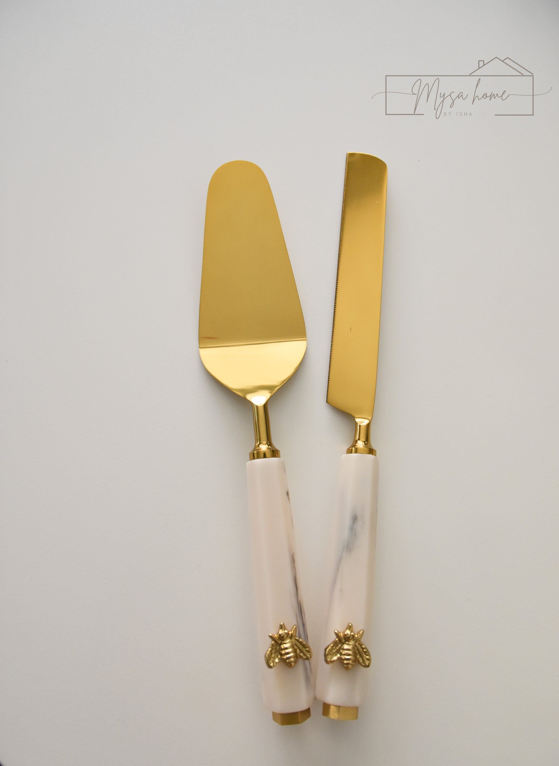 Bee Cake Set - Stainless steel and brass bee detail serving set