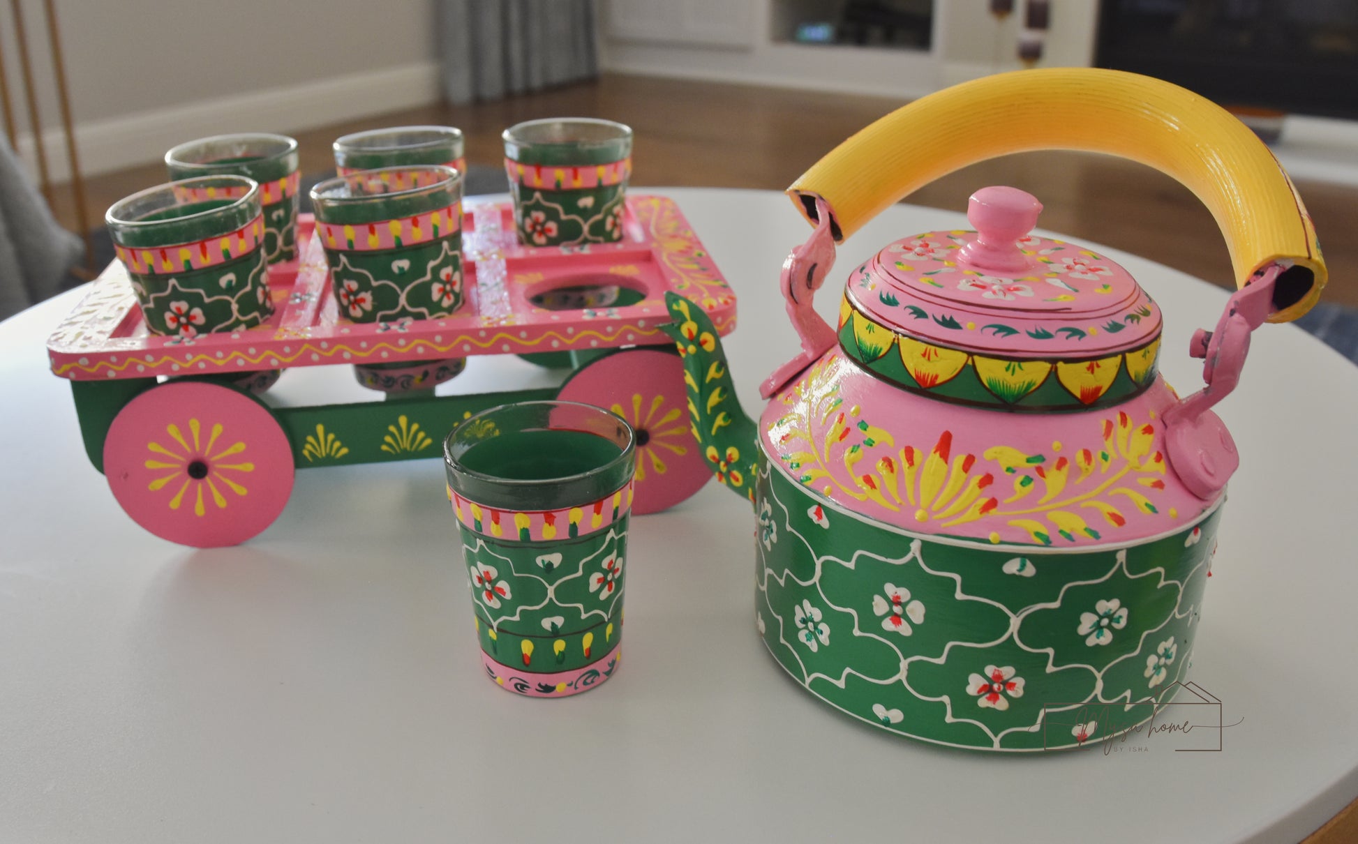 hand painted Kettle and glass set with cart