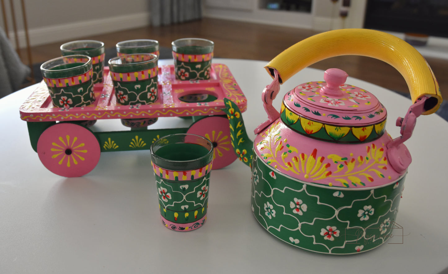hand painted Kettle and glass set with cart