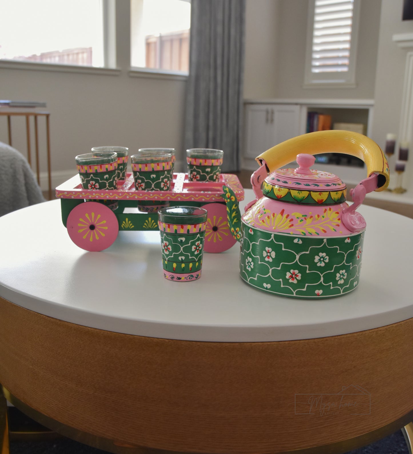 hand painted Kettle and glass set with cart
