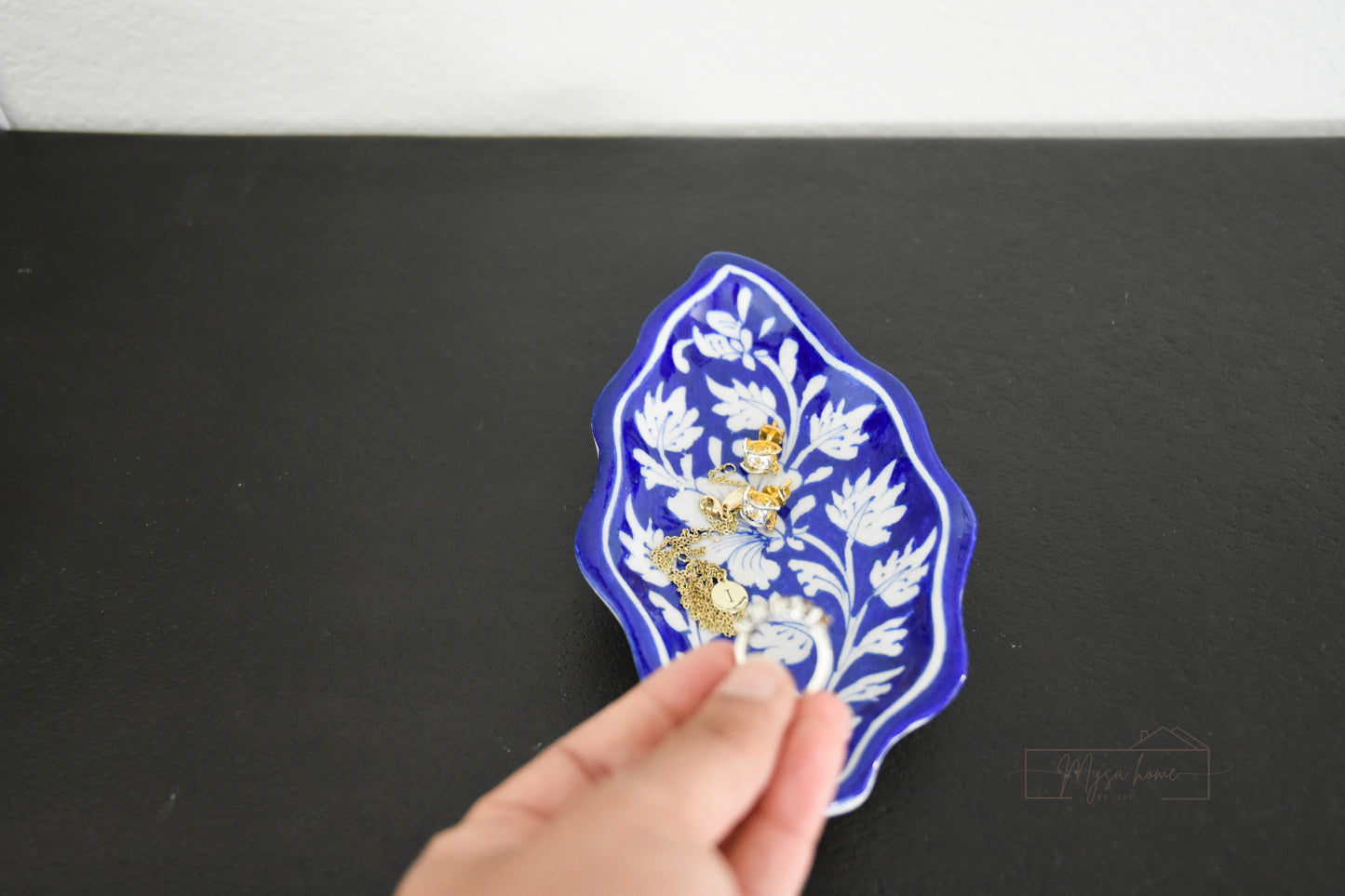 Blue Pottery Tray - Leaf Trinket - Blue
