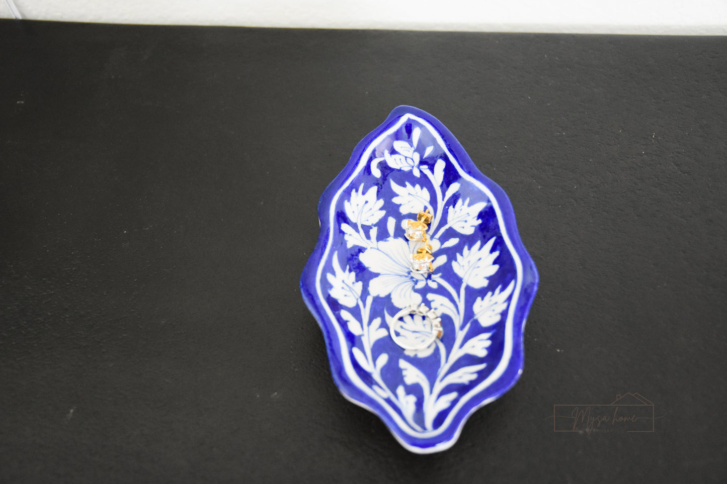 Blue Pottery Tray - Leaf Trinket - Blue