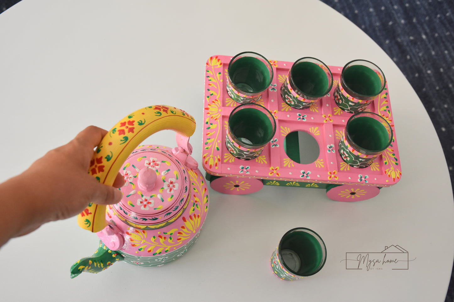 hand painted Kettle and glass set with cart
